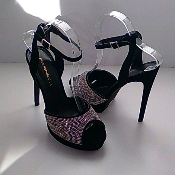 Shoe Republic LA Shoes - Rhinestone Platform Ankle Strap Black Heels Women's 8 NWOT